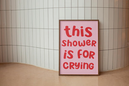Pink and Red Crying In The Shower Print | Preppy Bathroom Prints, Girly Bathroom Aesthetic, Trendy Restroom Print, Fun Preppy Bathroom Art