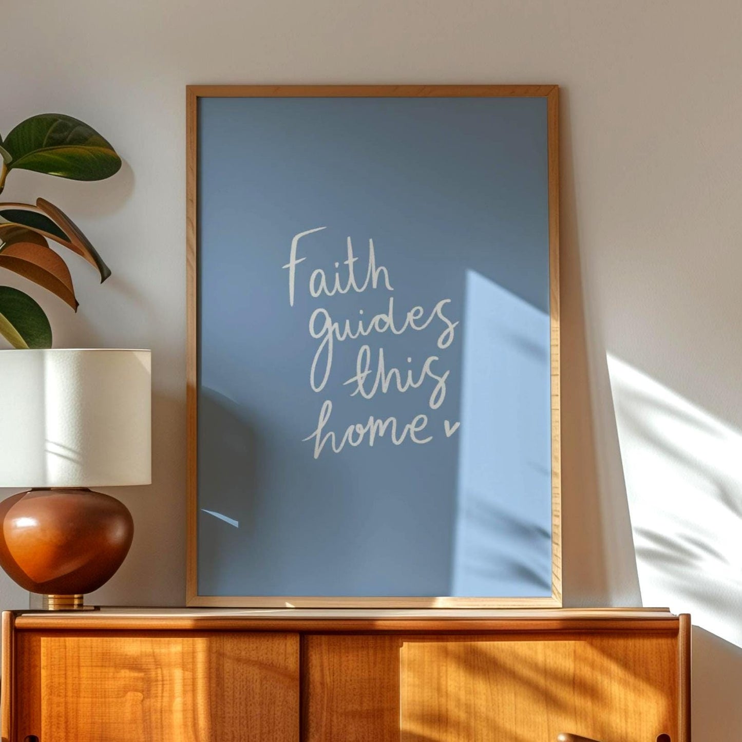 Faith Guides This Home | Modern Calligraphy Wall Art, Handwritten Quote Print, Calligraphy Wall Art, Living Room Prints, Warm Blue Art Print