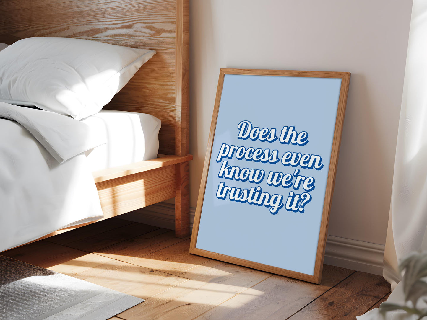 Does The Process Know We're Trusting It Print | Funny Motivational Poster, Cool Blue Retro Prints, Retro Motivational Blue Office Print