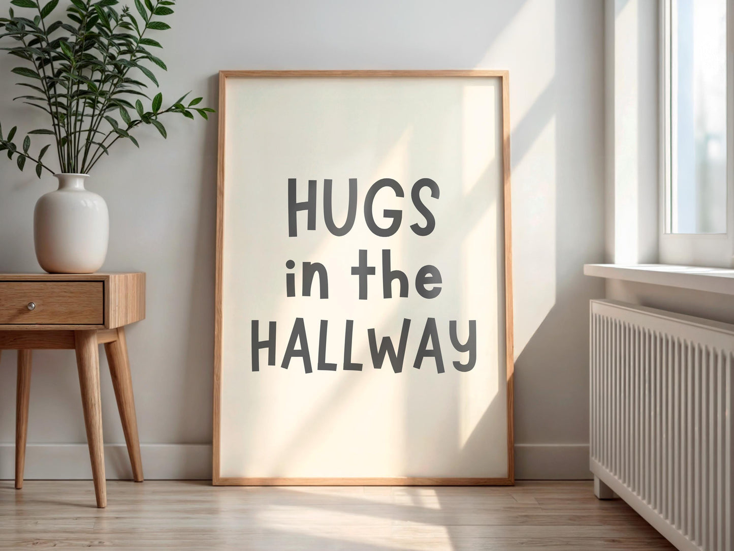 Hugs In The Hallway wall art print | Charcoal and cream typography poster, minimalist home decor, A5 A4 A3 wall print, neutral hallway quote