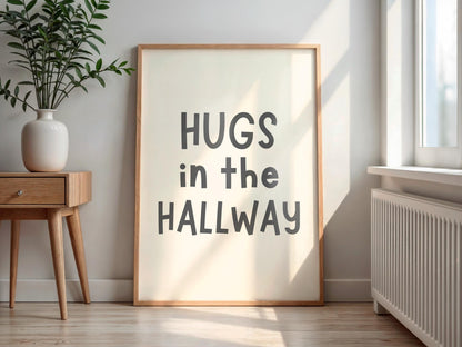 Hugs In The Hallway wall art print | Charcoal and cream typography poster, minimalist home decor, A5 A4 A3 wall print, neutral hallway quote