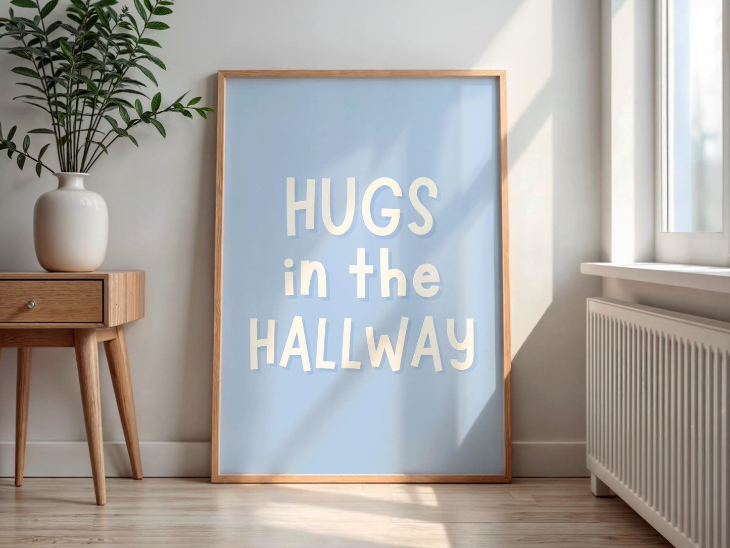 Hugs In The Hallway Print | Light Blue Welcome Sign, Blue Hallway Prints, Blue Wall Art, Light Blue Cosy Sign, Cosy Blue Print for Entryway