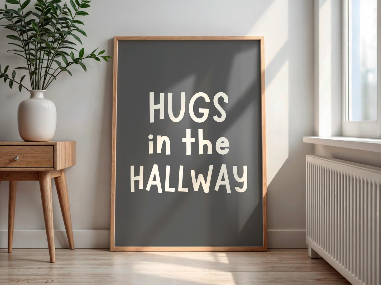 Hugs In The Hallway Charcoal Print | Grey Hallway Prints, Neutral Entryway Quotes, Wall Art for Hallway, Typography Print for Hallway Grey