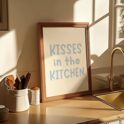 Blue Kisses In The Kitchen Print | A3 A4 A5 Blue Kitchen Print, Cute Kitchen Quotes, Kisses and Dishes Print, Cosy Kitchen Wall Art Prints