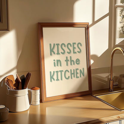 Sage Kisses In The Kitchen Print | A3 A4 A5 Sage Kitchen Print, Cute Kitchen Quotes, Kisses and Dishes Print, Cosy Kitchen Wall Art Prints