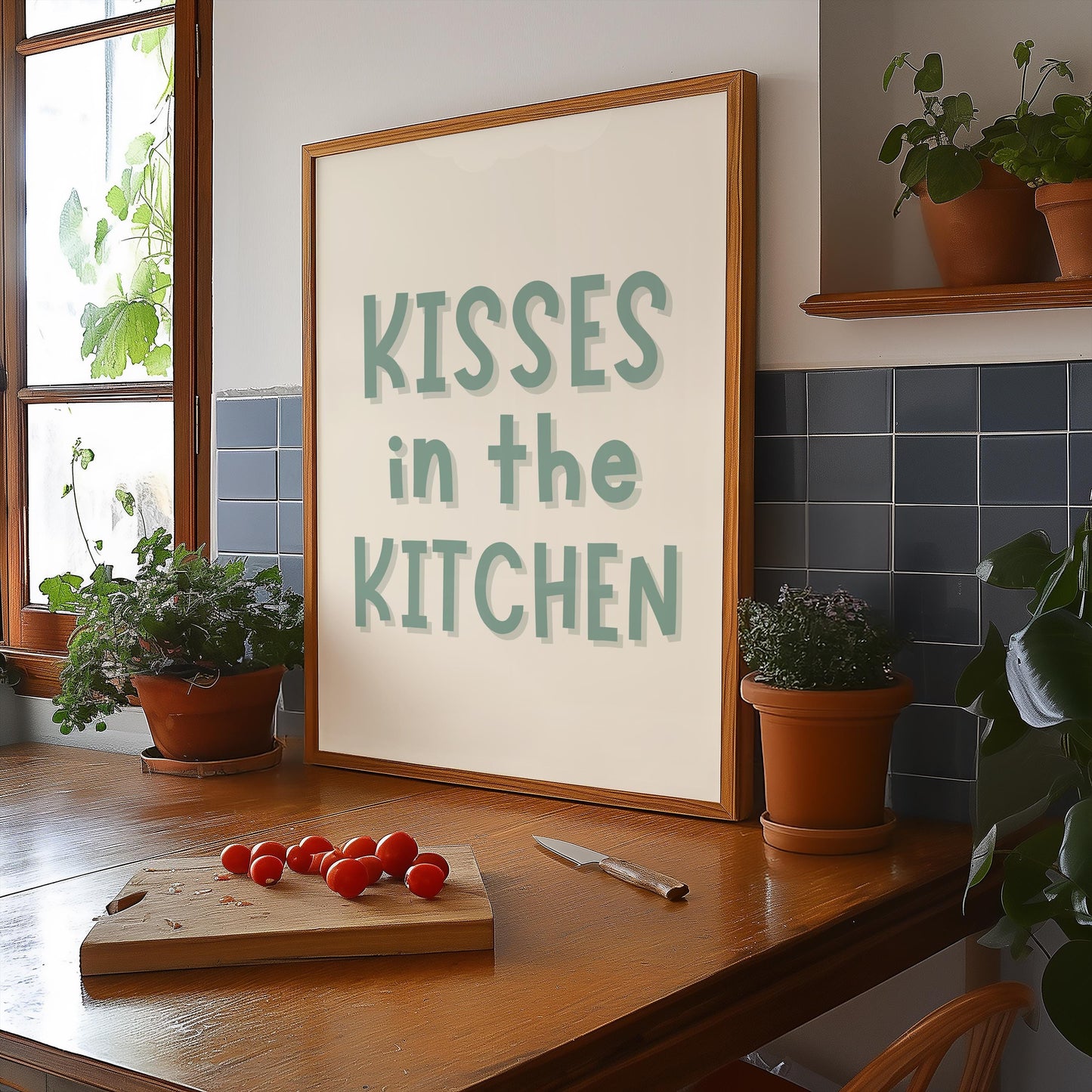 Sage Kisses In The Kitchen Print | A3 A4 A5 Sage Kitchen Print, Cute Kitchen Quotes, Kisses and Dishes Print, Cosy Kitchen Wall Art Prints