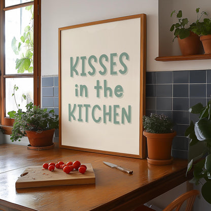 Sage Kisses In The Kitchen Print | A3 A4 A5 Sage Kitchen Print, Cute Kitchen Quotes, Kisses and Dishes Print, Cosy Kitchen Wall Art Prints