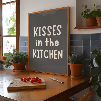 Kisses In The Kitchen Print | A5 A4 A3 Grey Kitchen Posters, Prints for Kitchen, Neutral Kitchen Art, Cute Kitchen Prints, Neutral Kitchen