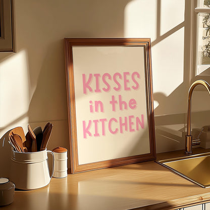 Kisses In The Kitchen Pink and White Print | Girly A3 A4 A5 Kitchen Prints, Preppy Kitchen Artwork, Girly Kitchen and Dining Room Quotes