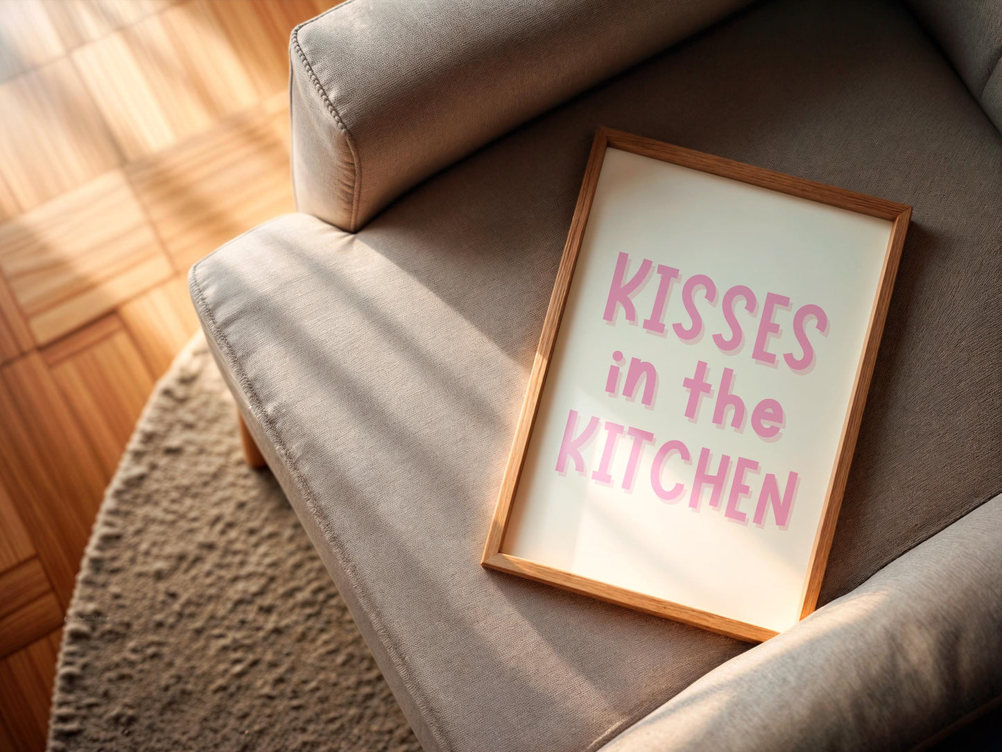 Kisses In The Kitchen Pink and White Print | Girly A3 A4 A5 Kitchen Prints, Preppy Kitchen Artwork, Girly Kitchen and Dining Room Quotes