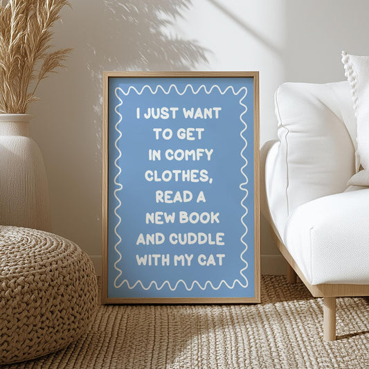 Reading With My Cat Blue Typography Print | Blue Reading Print, Cat Owner Print, Love To Read Wall Art, Cute Book Print, Reading Corner Art