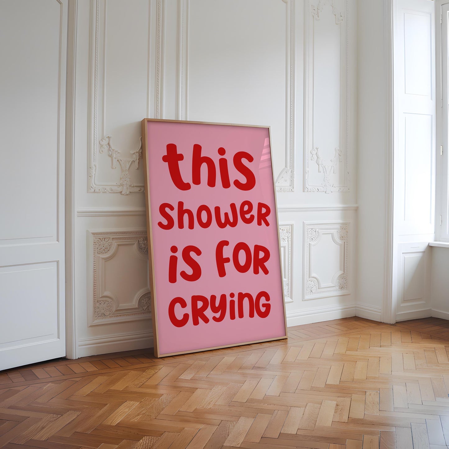 Pink and Red Crying In The Shower Print | Preppy Bathroom Prints, Girly Bathroom Aesthetic, Trendy Restroom Print, Fun Preppy Bathroom Art