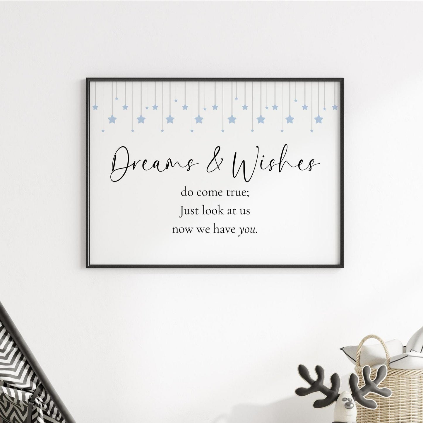 Dreams and Wishes Blue Baby Nursery Print | Horizontal Nursery Prints, Baby Boy Prints, Sweet Dreams Baby Boy Art, Blue Nursery Art Print