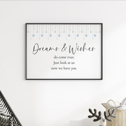 Dreams and Wishes Blue Baby Nursery Print | Horizontal Nursery Prints, Baby Boy Prints, Sweet Dreams Baby Boy Art, Blue Nursery Art Print