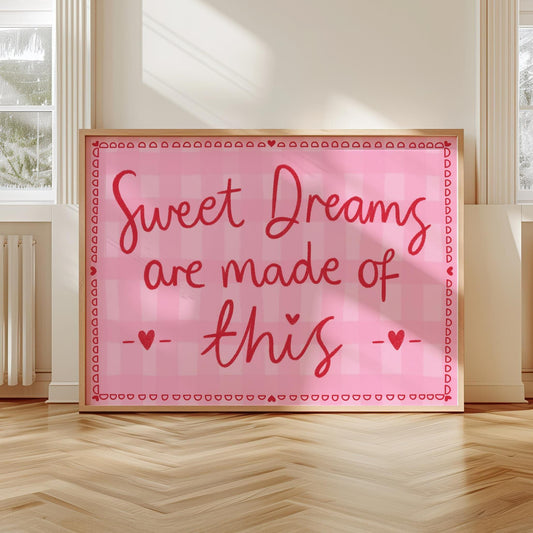 Pink and Red Bedroom Print | Sweet Dreams Pink Gingham, Sweet Dreams Coquette Wall Art, Girly Bedroom Prints, Preppy Print for Above the Bed