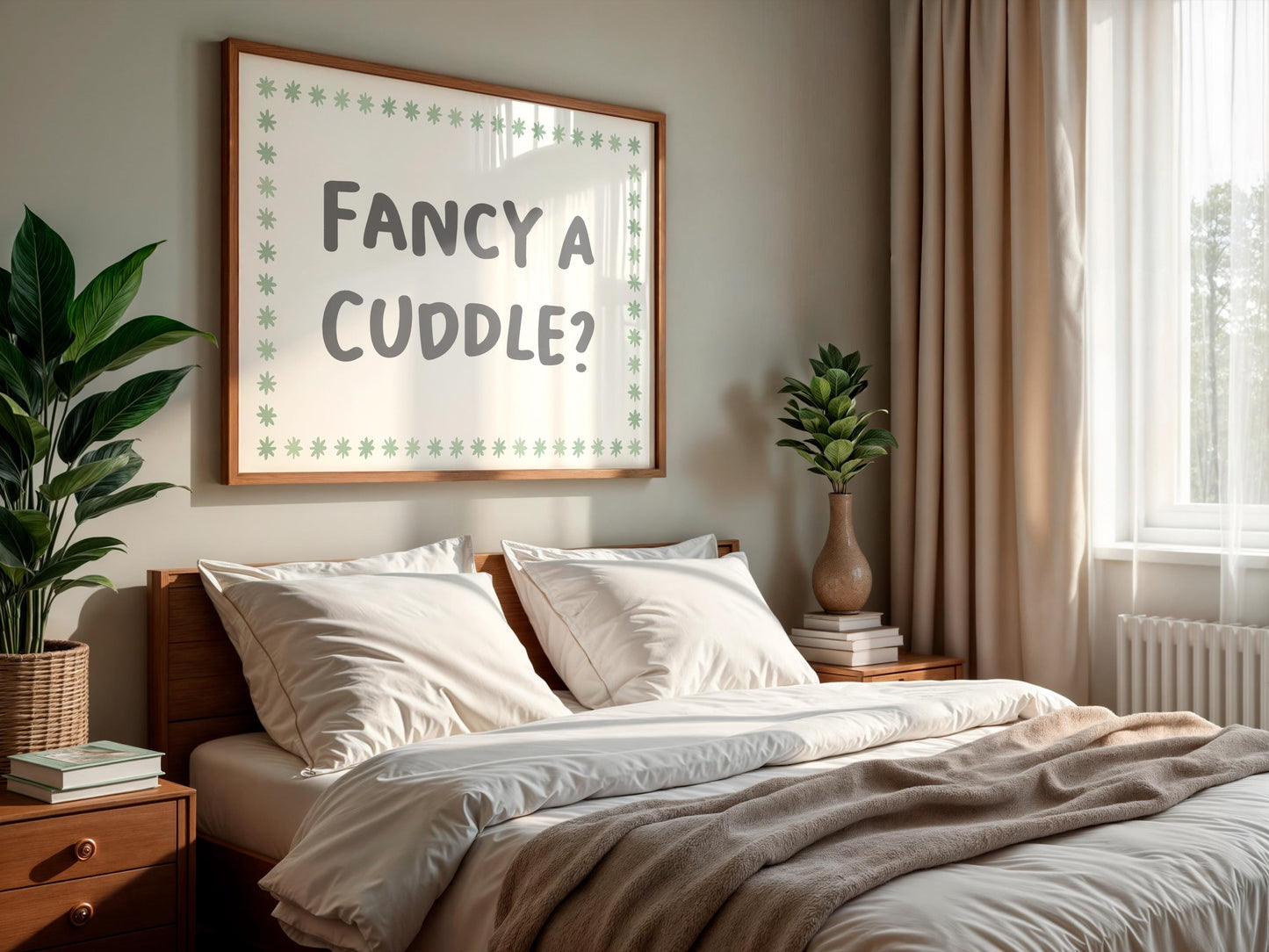 Fancy a Cuddle Sage Wall Art Print | Sage Wall Art, Horizontal Bedroom Prints, Let's Stay In And Cuddle Print, Sage Green Bedroom Wall Art