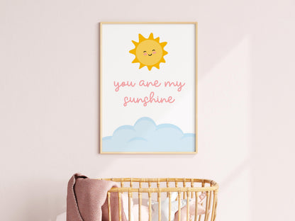 You Are My Sunshine Print | Pink Sunshine Baby Girl Nursery Print, Pink Nursery Wall Art Print, Wall Art Print for Baby Girl Bedroom Wall