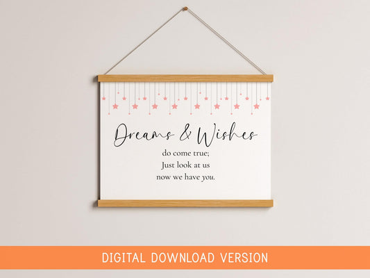 Dreams and Wishes Come True Pink Nursery Print DIGITAL DOWNLOAD | Digital Nursery Print, Vintage Baby Girl Wall Art, Baby Girl Quote Digital