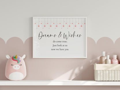 Dreams and Wishes Baby Girl Print | Horizontal Nursery Print, Cute Nursery Prints for Baby Girls Room, Baby Girl Wall Art, Nursery Quotes