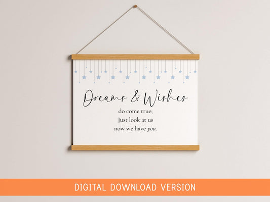 Dreams and Wishes Come True Blue Nursery Print DIGITAL DOWNLOAD | Digital Nursery Print, Vintage Baby Boy Wall Art, Baby Boy Quote Digital