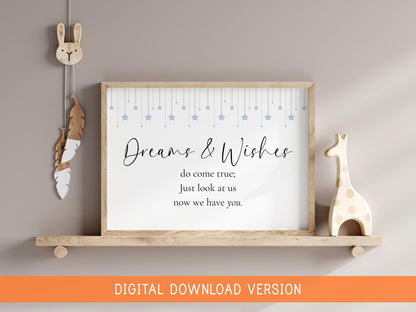 Dreams and Wishes Come True Blue Nursery Print DIGITAL DOWNLOAD | Digital Nursery Print, Vintage Baby Boy Wall Art, Baby Boy Quote Digital