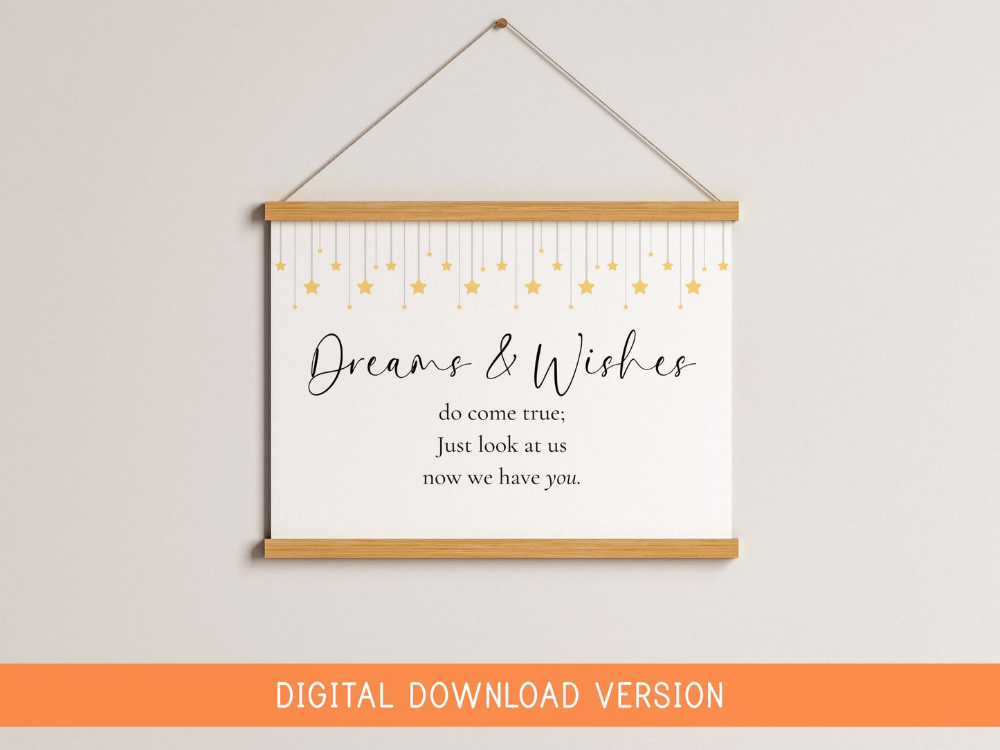 Dreams and Wishes Come True Yellow Nursery Print DIGITAL DOWNLOAD | Printable Neutral Nursery Prints, Printable Nursery Decor Stars Print