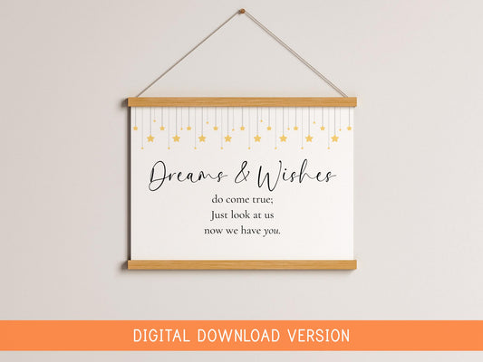 Dreams and Wishes Come True Yellow Nursery Print DIGITAL DOWNLOAD | Printable Neutral Nursery Prints, Printable Nursery Decor Stars Print