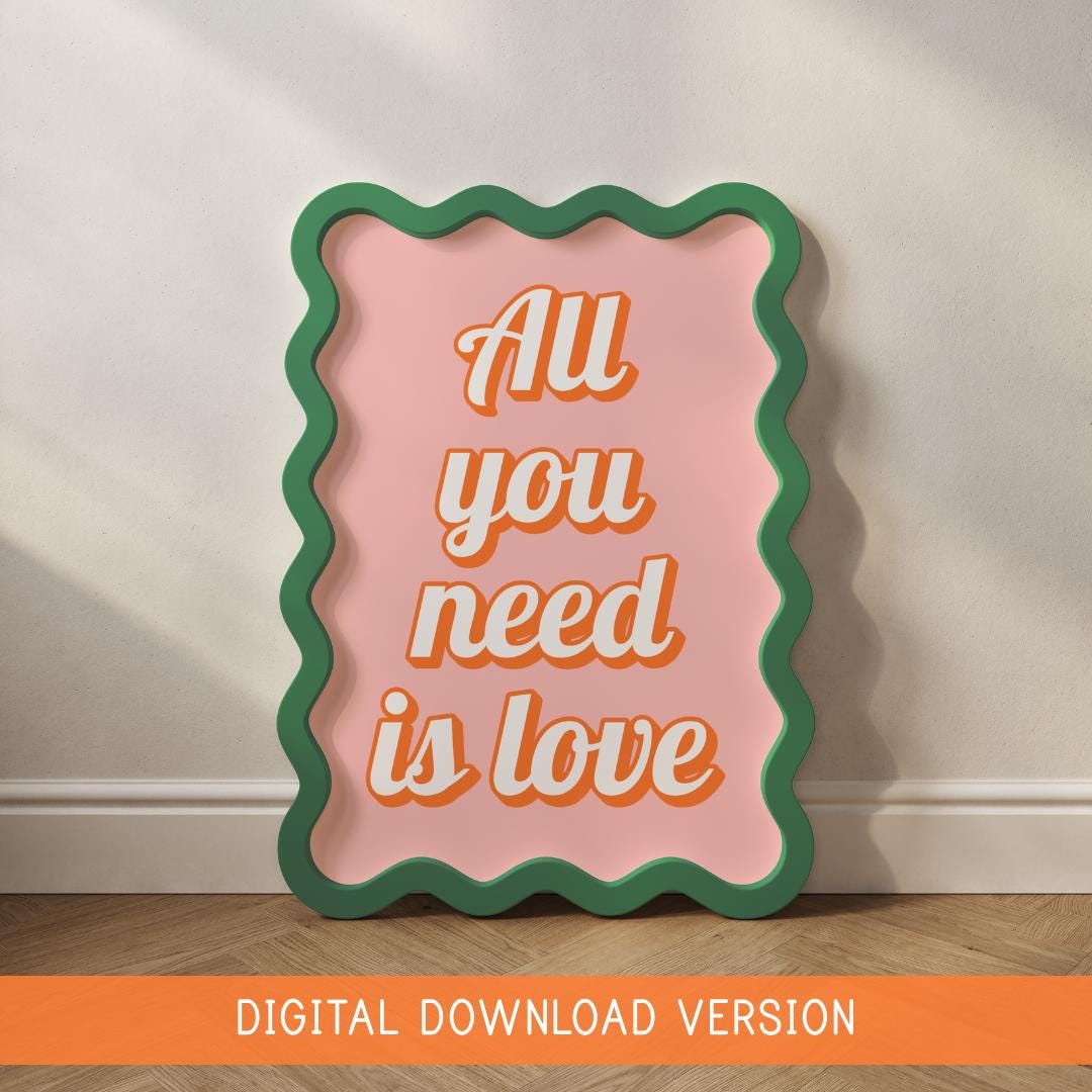 Retro All You Need Is Love Print DIGITAL DOWNLOAD | Retro Girly Poster Printable, Peach and Pink Print, For Girly Office, Digital Art Girly
