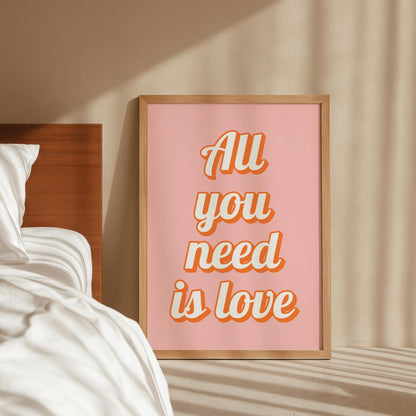 All You Need Is Love Peach & Pink Print | Preppy Lyric Print, Girly Beatles Print, Preppy Beatles Lyric Print, Cutesy Wall Art Bedroom Print