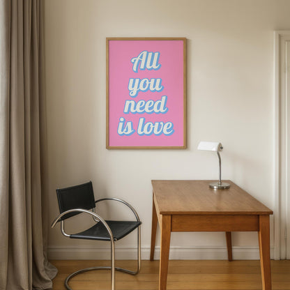 All You Need Is Love Print | Girly Lyric Prints, Pink and Blue Print, Retro Lyric Print, A3 A4 A5 Lyric Prints, girly typography wall art