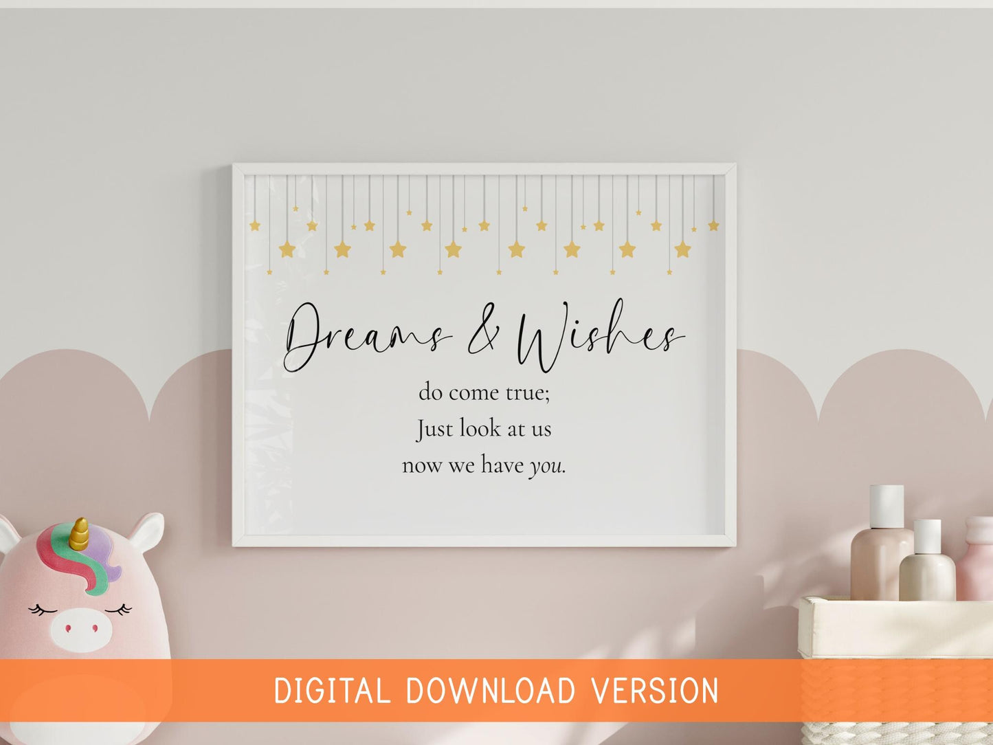 Dreams and Wishes Come True Yellow Nursery Print DIGITAL DOWNLOAD | Printable Neutral Nursery Prints, Printable Nursery Decor Stars Print
