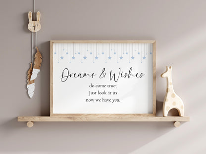 Dreams and Wishes Blue Baby Nursery Print | Horizontal Nursery Prints, Baby Boy Prints, Sweet Dreams Baby Boy Art, Blue Nursery Art Print