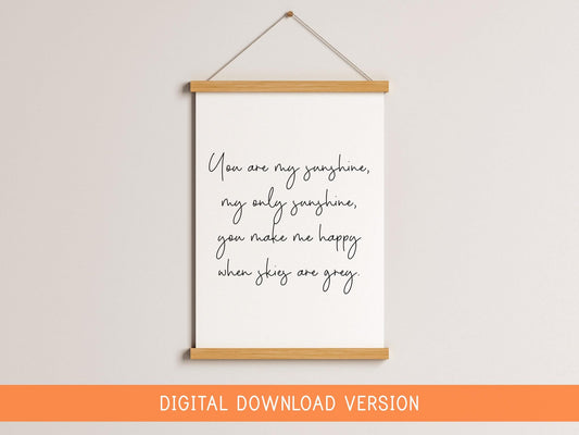 You Are My Sunshine Lyric Nursery Print DIGITAL DOWNLOAD | Digital Nursery Lyric Print, Printable You Are My Sunshine Nursery Art Digital