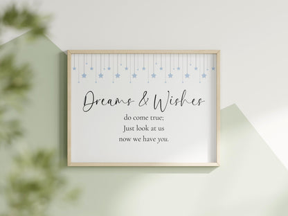Dreams and Wishes Blue Baby Nursery Print | Horizontal Nursery Prints, Baby Boy Prints, Sweet Dreams Baby Boy Art, Blue Nursery Art Print