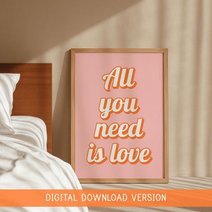 Retro All You Need Is Love Print DIGITAL DOWNLOAD | Retro Girly Poster Printable, Peach and Pink Print, For Girly Office, Digital Art Girly