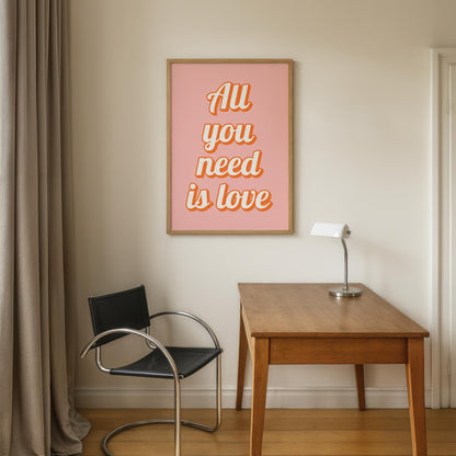 All You Need Is Love Peach & Pink Print | Preppy Lyric Print, Girly Beatles Print, Preppy Beatles Lyric Print, Cutesy Wall Art Bedroom Print