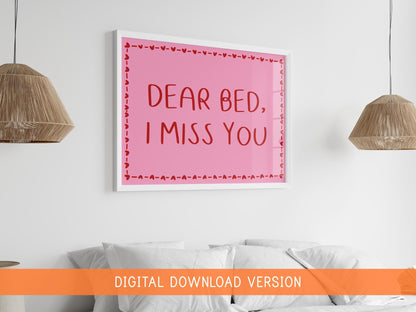 Dear Bed I Miss You Print DIGITAL DOWNLOAD | Pink and Red Coquette Bedroom Print, Girly Preppy Bedroom Digital Art, Digital Bedroom Prints