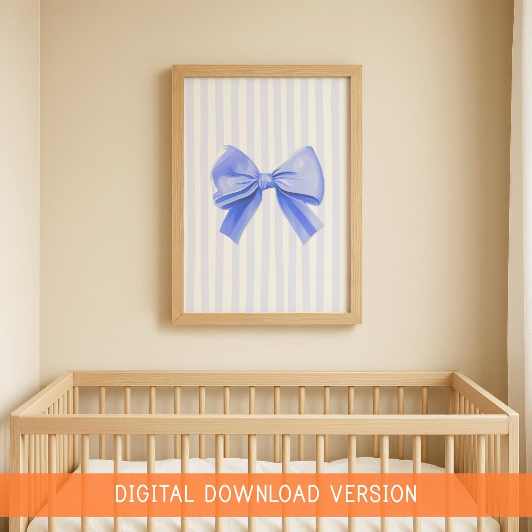 Trendy Blue Bow Poster DIGITAL DOWNLOAD | Blue Bow Download Art, Blue Coquette Wall Art Printable, Bow Art Print Blue, Light Blue Girly Art