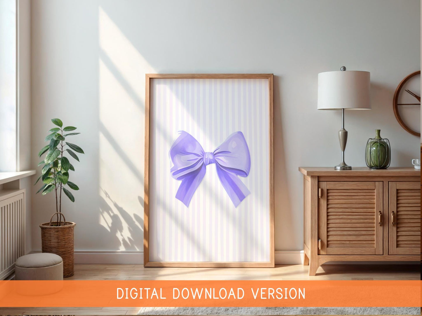Lilac Pinstriped Girly Print DIGITAL DOWNLOAD | Balletcore Lilac Digital Poster, Digital Wall Art Print for Lilac Girly Bedroom, Bow Print