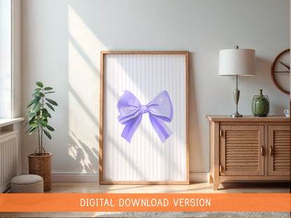 Lilac Pinstriped Girly Print DIGITAL DOWNLOAD | Balletcore Lilac Digital Poster, Digital Wall Art Print for Lilac Girly Bedroom, Bow Print