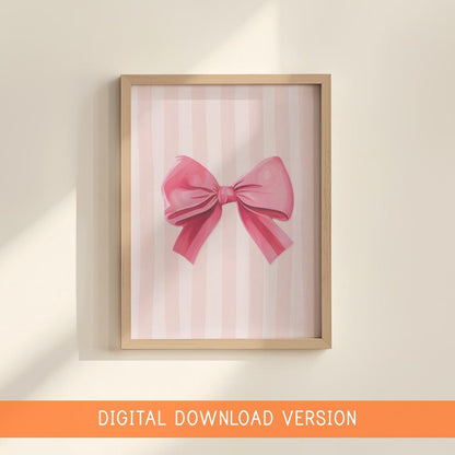 Pink Bow Print With Thick Stripes DIGITAL DOWNLOAD | Coquette Wall Art Preppy Balletcore Pink Bow Decor, Girly Dorm Poster, Digital Download