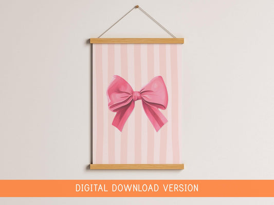 Pink Bow Print With Thick Stripes DIGITAL DOWNLOAD | Coquette Wall Art Preppy Balletcore Pink Bow Decor, Girly Dorm Poster, Digital Download