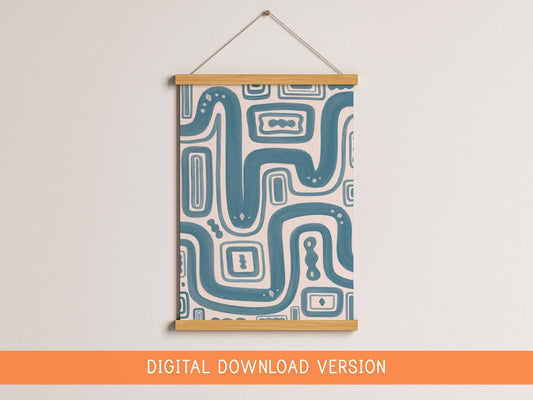 Blue Paths Abstract Print DIGITAL DOWNLOAD | Digital Abstract Poster, Blue Beige Organic Lines Minimalistic Printable Contemporary Painting