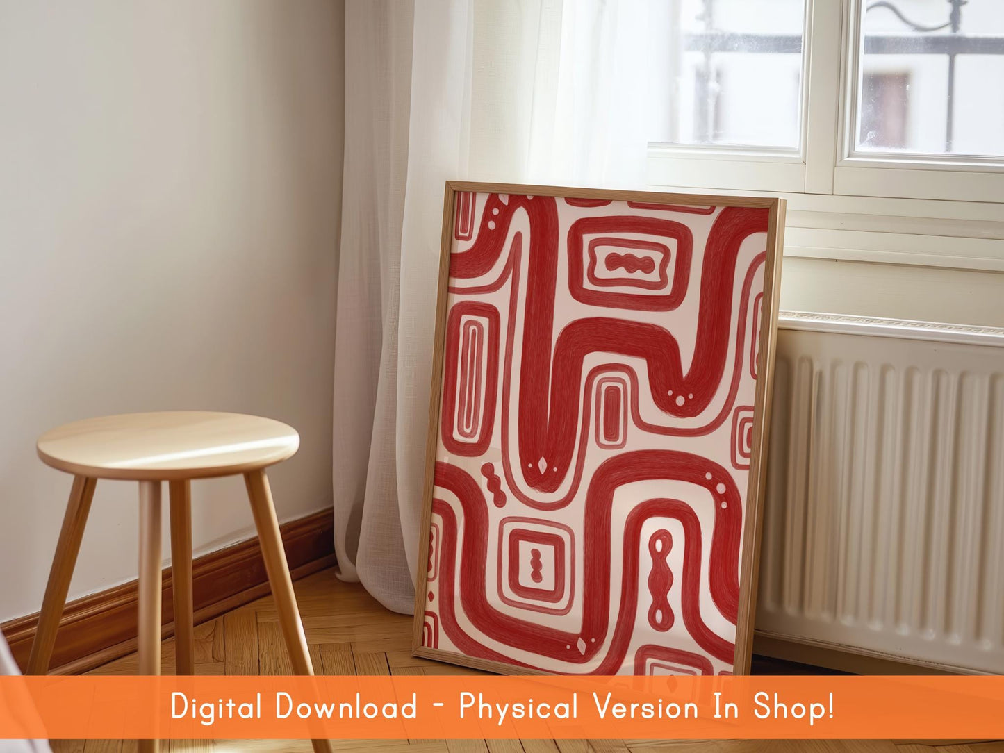Red Paths Abstract Wall Art DIGITAL DOWNLOAD | Red Abstract Digital Art, Japandi Style Hand Drawn Abstract Poster, Red Bedroom Wall Decor