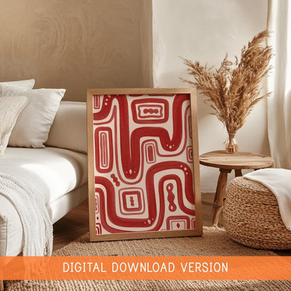 Red Paths Abstract Wall Art DIGITAL DOWNLOAD | Red Abstract Digital Art, Japandi Style Hand Drawn Abstract Poster, Red Bedroom Wall Decor