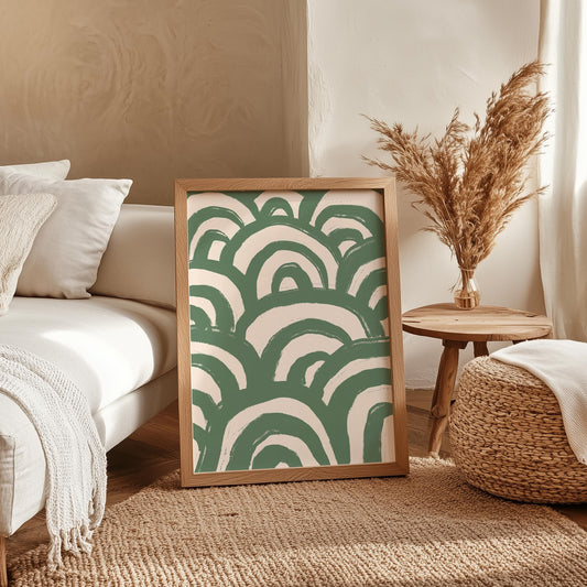 Green Waves Abstract Art | Abstract Sage Green Bedroom Prints, Muted Green Japandi Style Apartment Decor, Abstract Wall Art Ocean Themed