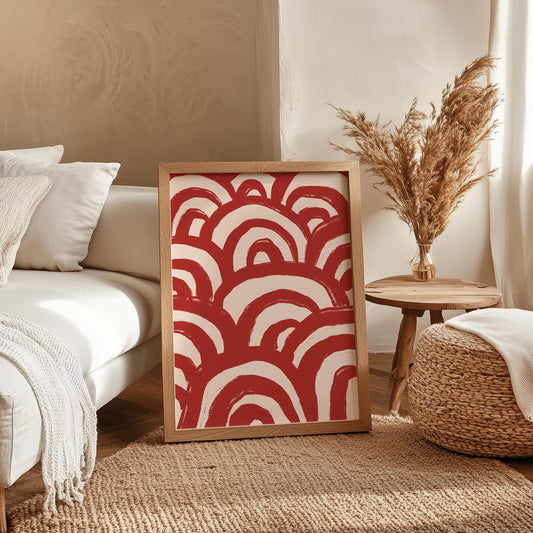 Red Waves Abstract Art Print | Red Line Art, Simple Red Poster for Gallery Wall, Japandi Style Print in Maroon, Red Funky Wall Art A3 A4 A5