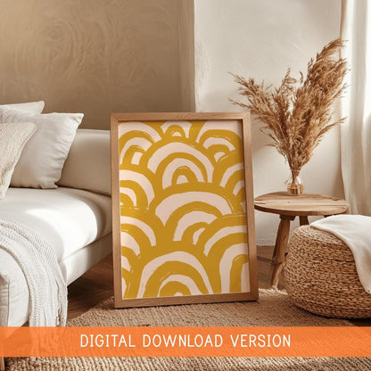 Mustard Waves Abstract Wall Art DIGITAL DOWNLOAD | Yellow Abstract Digital Art, Japandi Style Hand Drawn Abstract Poster In Mustard Yellow