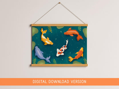 Kawaii Pond Illustration Print DIGITAL DOWNLOAD | Digital Illustration of Koi Pond, Cosy Illustrations, Kawaii Poster Illustration Drawing