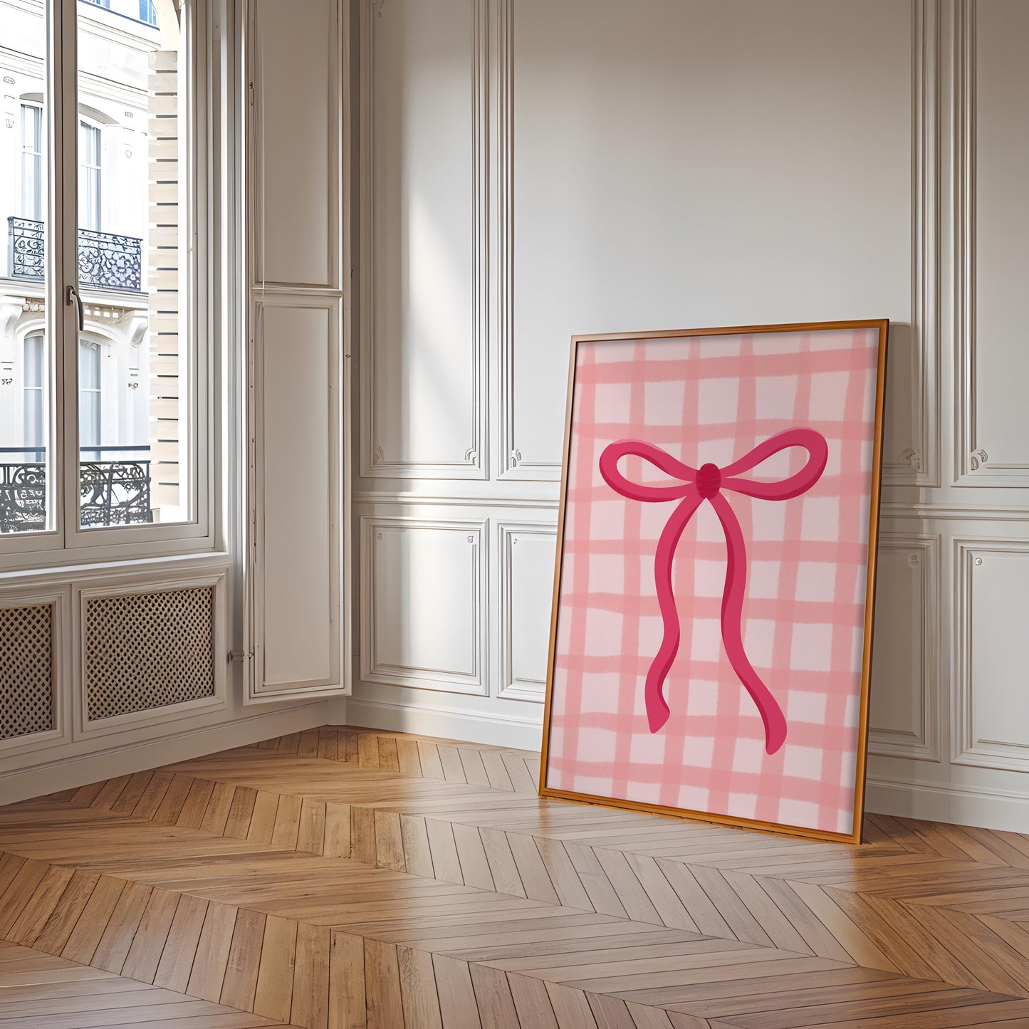 Pink Gingham Bow Print, Coquette Aesthetic Print, Pink Nursery Girly Wall Art, French Pastel Hair Bow Poster, Preppy Pink Print, Gingham Art